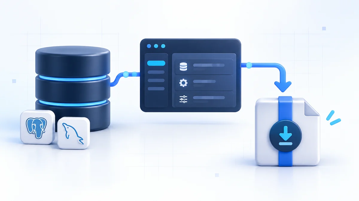 Database records moving through a server control panel into a downloadable archive