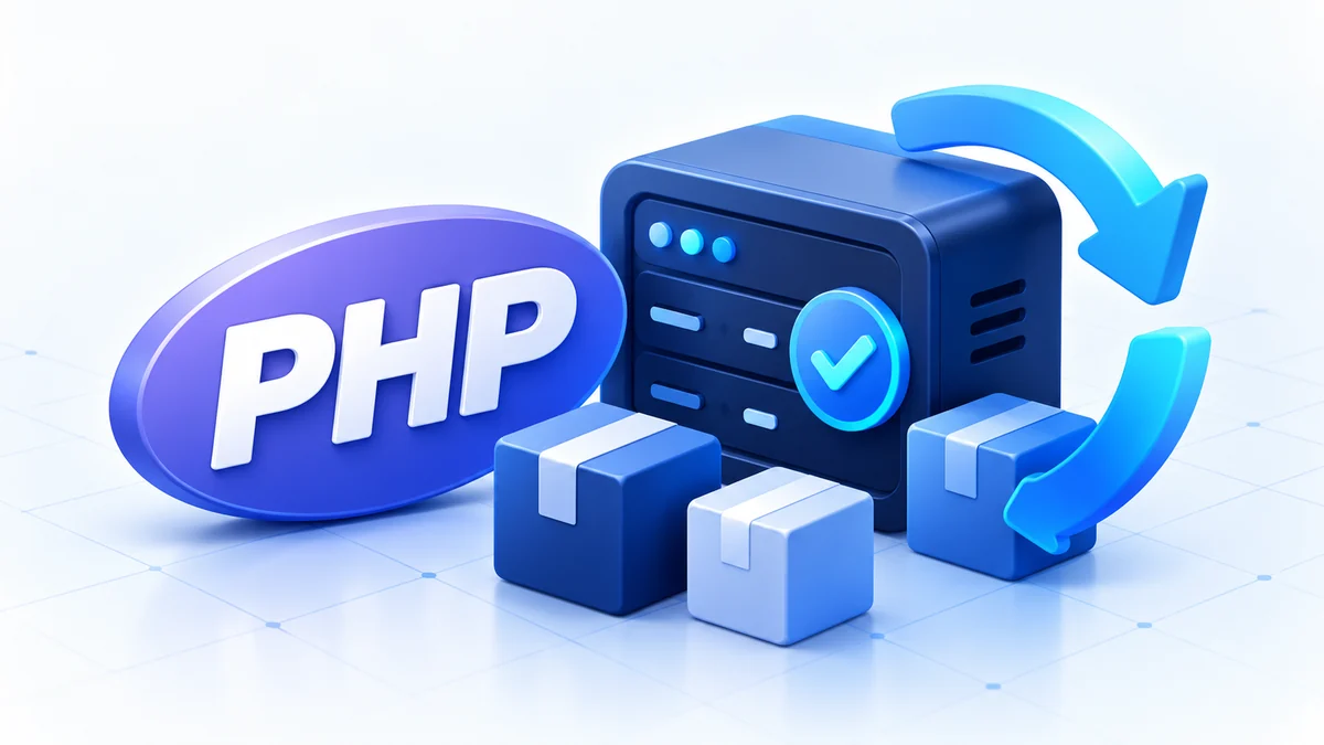 PHP runtime beside a server, package updates, and blue refresh arrows