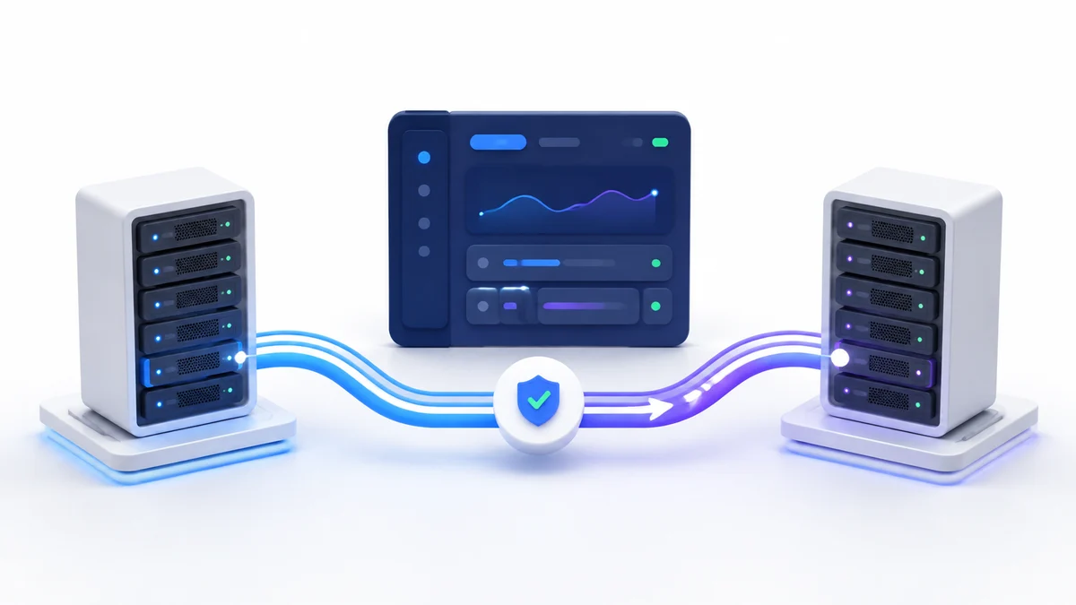 Two server racks connected by a secure deployment path